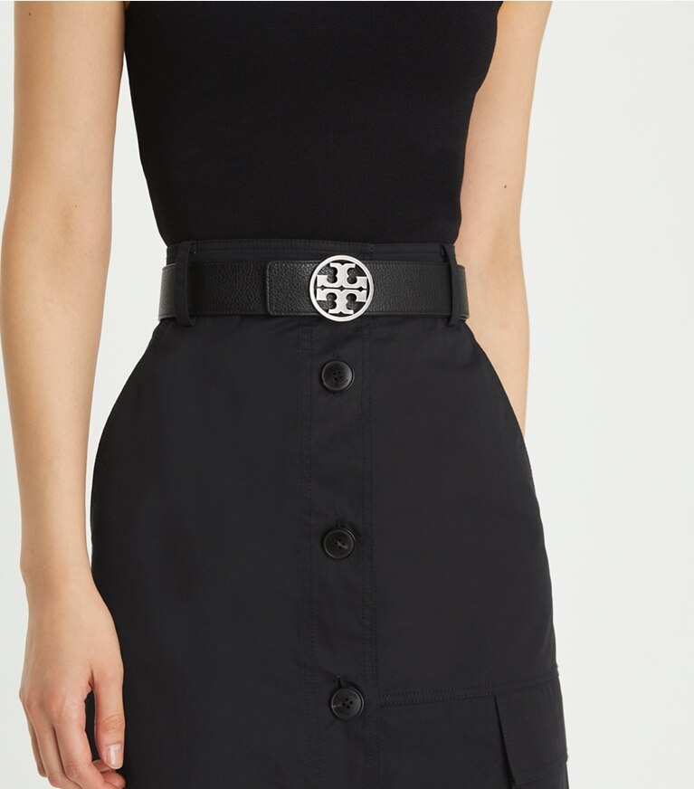 Tory Burch designer cinture Cintura Miller reversibile da 3,8 cm in Gray Heron / Black / Silver front