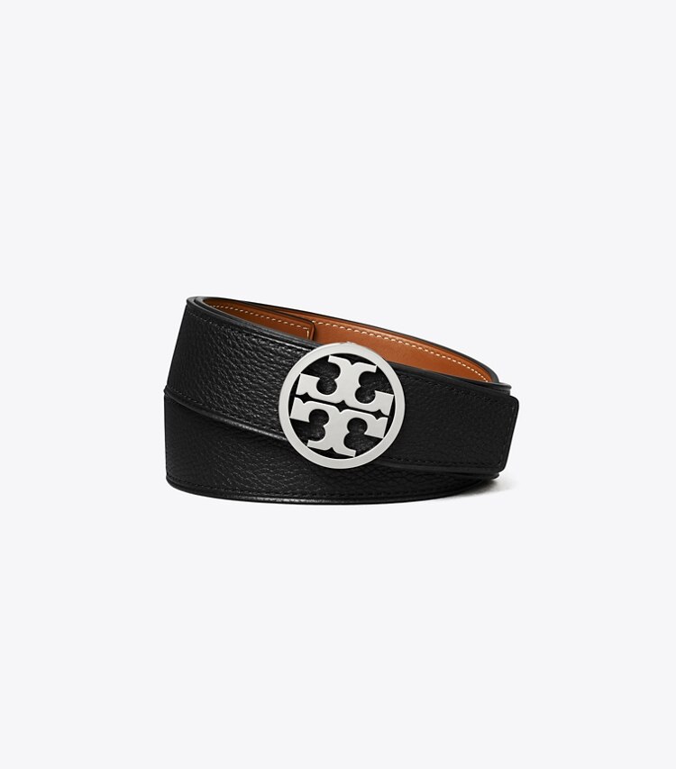 Tory Burch designer cinture Cintura Miller reversibile da 3,8 cm in Black / Classic Cuoio / Silver front