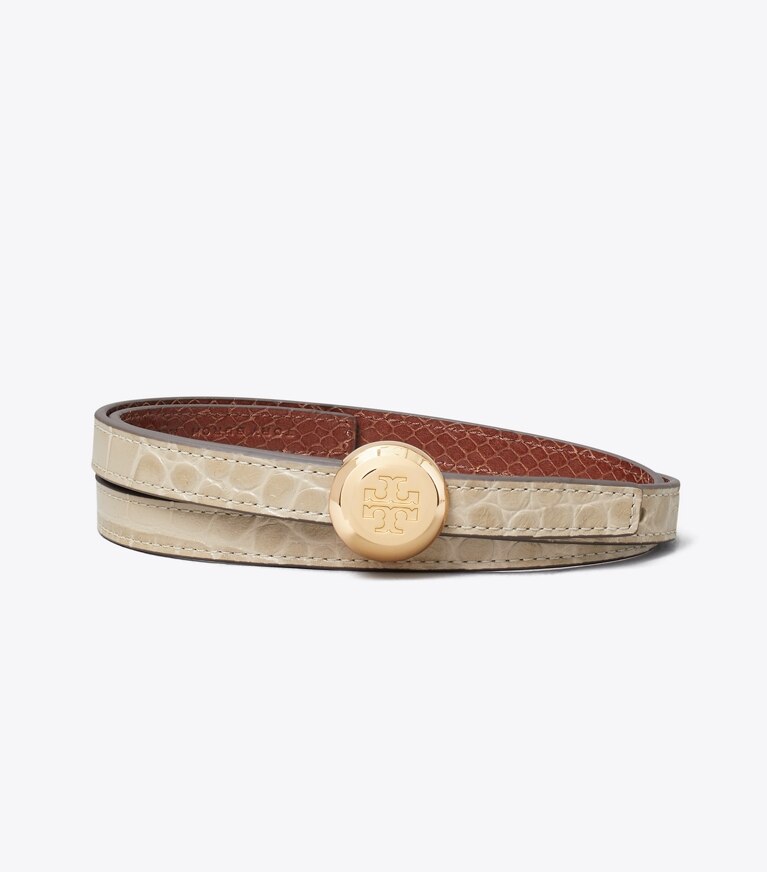 Tory Burch designer cinture Cintura reversibile Romy goffrata effetto coccodrillo in Light Hickory / Sweet Maple front