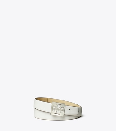 Tory Burch designer cinture Cinturino con logo quadrato da 3,8 cm in Cirrus Cloud / Praline front