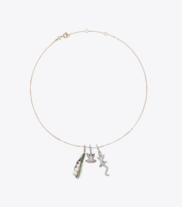 Tory Burch designer forcina Ciondolo a salamandra Curiosity in Antique Silver / Crystal superiore