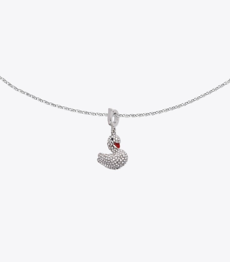 Tory Burch designer forcina Ciondolo Curiosity a cigno in Tory Silver / Crystal dettaglio