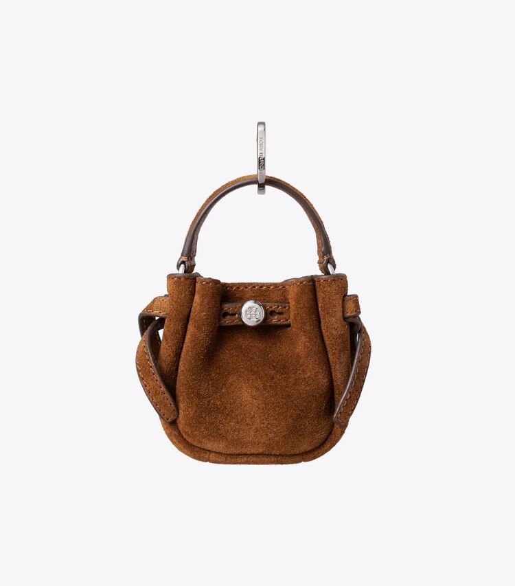 Tory Burch designer ciondoli per borse e portachiavi Ciondolo da borsa a forma di borsa a secchiello Romy in suede in Caramel front
