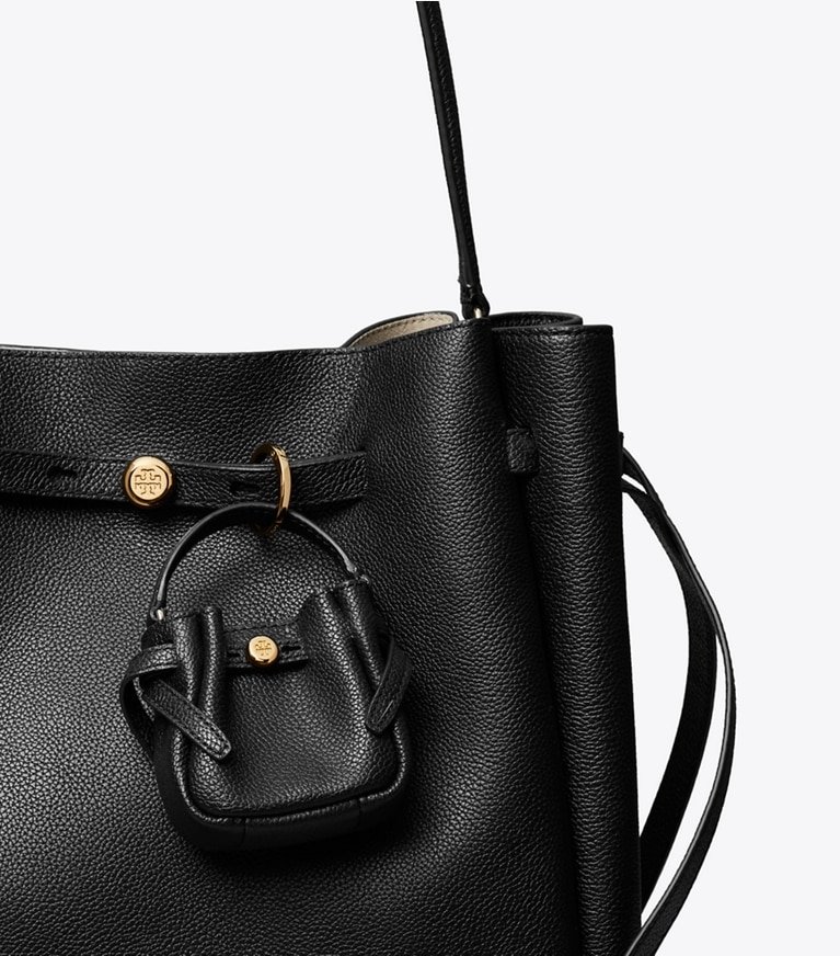 Tory Burch designer ciondoli per borse e portachiavi Ciondolo per borsa a secchiello Romy in Black front