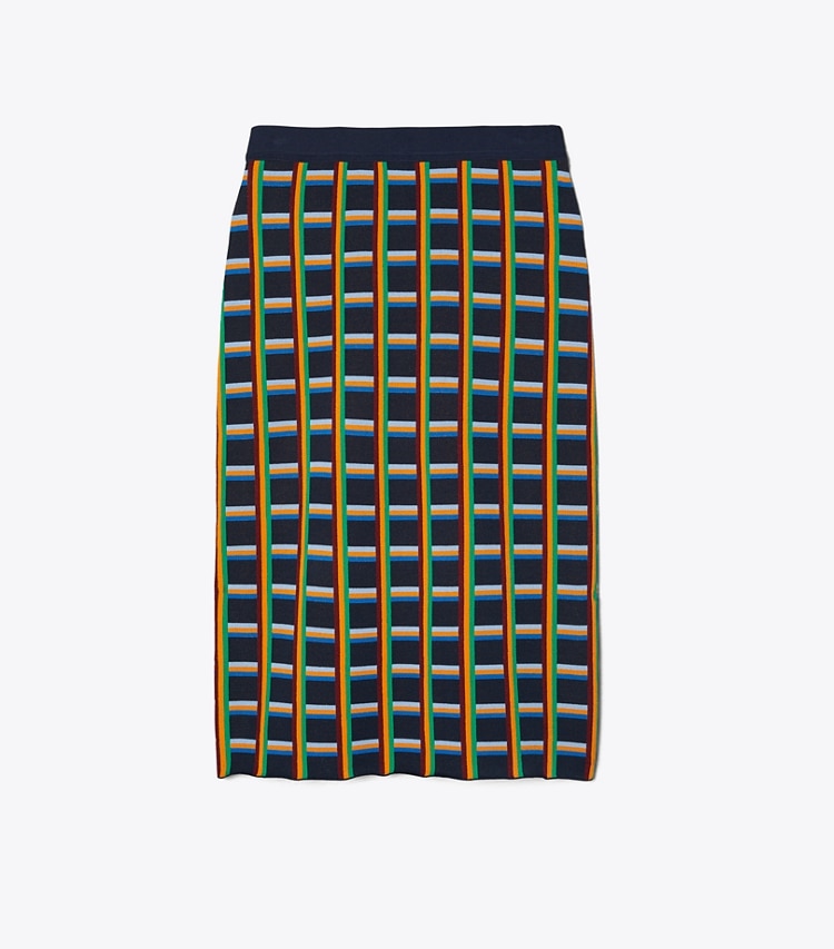 Tory Sport designer bottoms Circuit-Plaid Tech Knit Skirt in Tory Navy Circuit-Plaid front