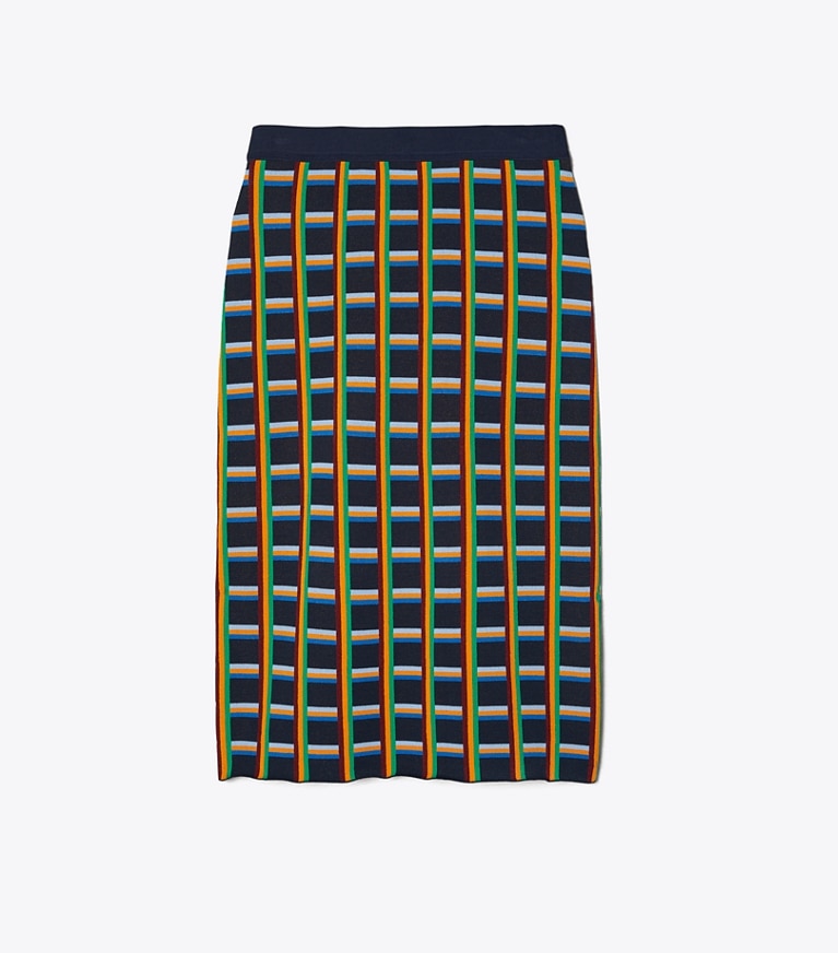 Tory Sport designer bottoms Circuit-Plaid Tech Knit Skirt in Tory Navy Circuit-Plaid front