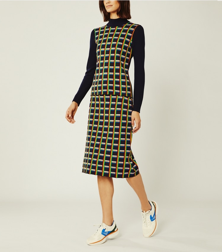 Tory Sport designer bottoms Circuit-Plaid Tech Knit Skirt in Tory Navy Circuit-Plaid on model front