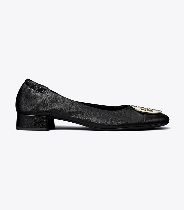 Tory Burch designer loafers Claire Ballerina mit Zehenkappe und Absatz in PERFECT BLACK / GOLD / SILVER side
