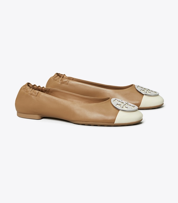 Tory Burch designer flats Claire Cap-Toe Ballet in LIGHT CREAM / ALMOND FLOUR angle
