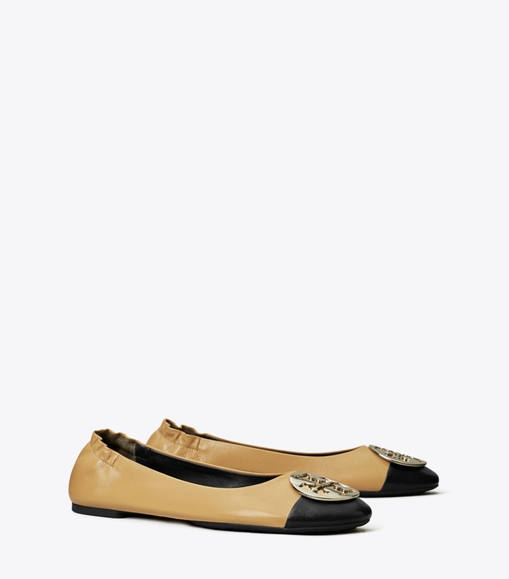 Tory Burch designer flats Claire Cap-Toe Ballet in GINGER SHORTBREAD / PERFECT BLACK angle