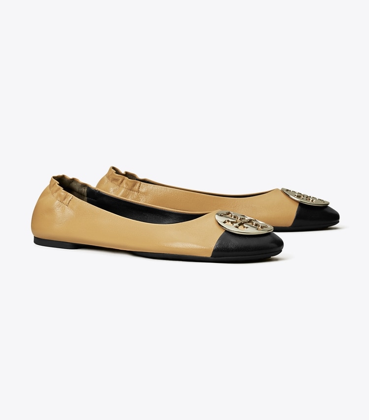 Tory Burch designer flats Claire Cap-Toe Ballet in GINGER SHORTBREAD / PERFECT BLACK angle