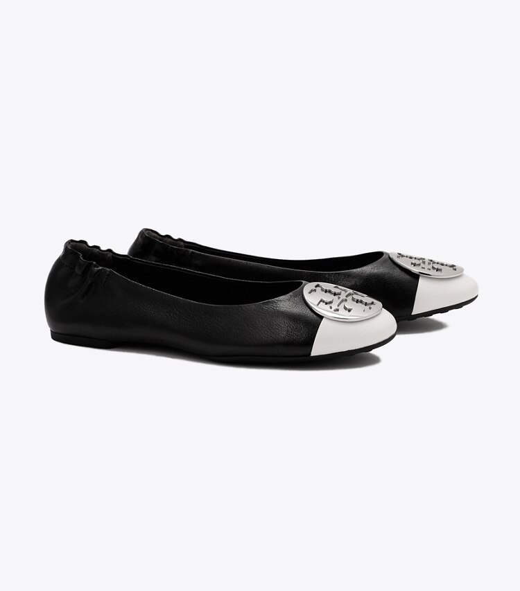 Tory Burch designer フラット クレア キャップトゥ バレエ in PERFECT BLACK / CLOUD / SILVER angle