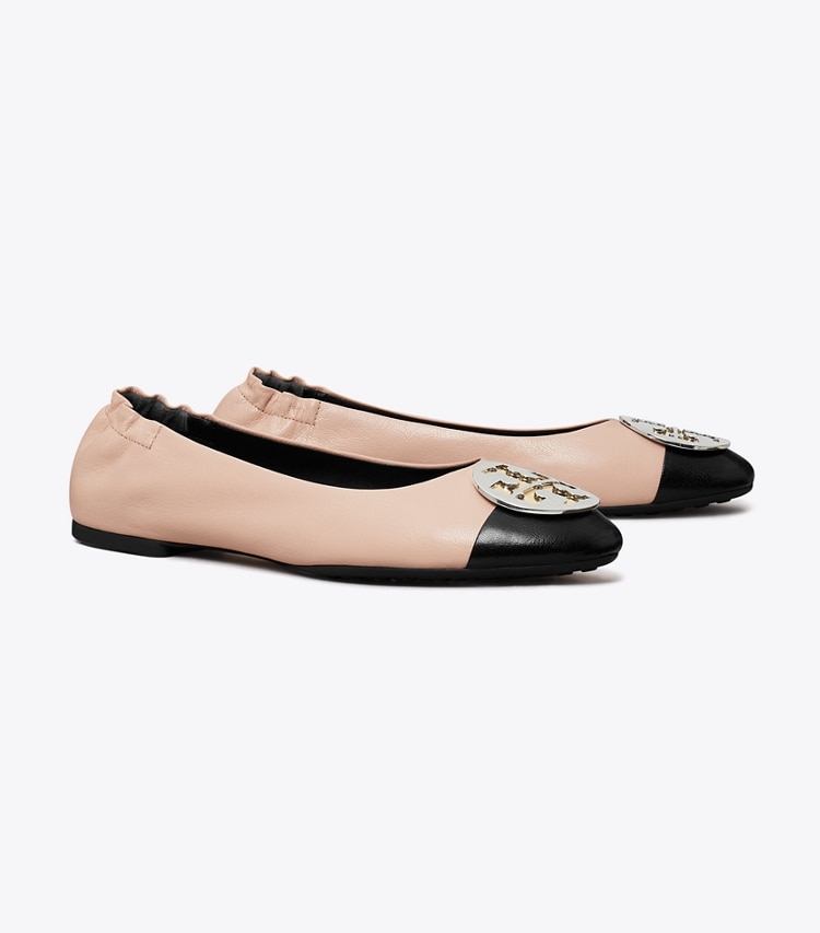 Tory Burch designer flats Claire Cap-Toe Ballet in ROSE SILK / PERFECT BLACK angle
