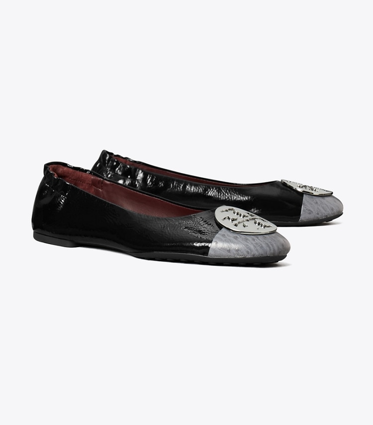 Tory Burch designer flats Claire Cap-Toe Ballet in MIDNIGHT MOON / HAZY GRAY / SILVER angle