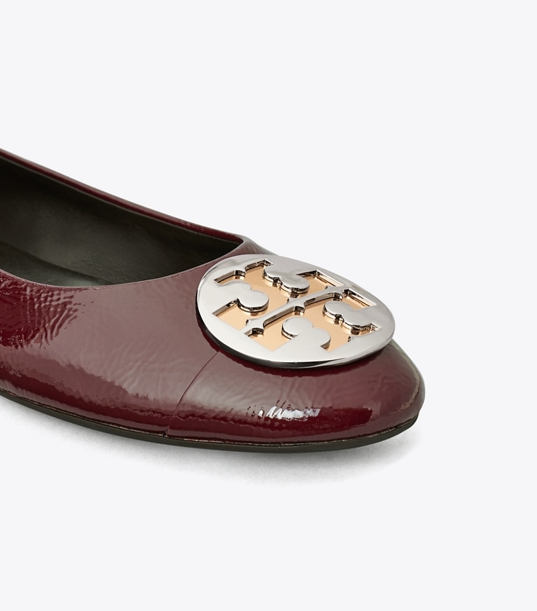 Tory Burch designer flats Claire Cap-Toe Ballet in DARK CARMINE / GOLD / SILVER angle
