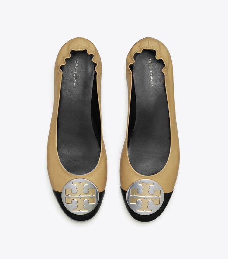Tory Burch designer flats Claire Cap-Toe Ballet in GINGER SHORTBREAD / PERFECT BLACK overhead