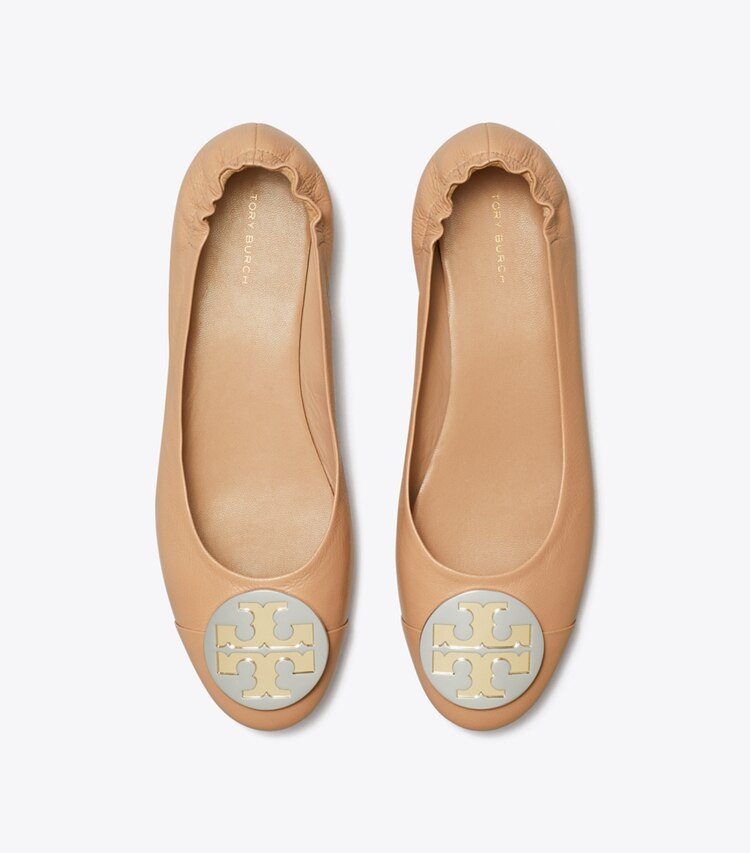 Tory Burch designer flats Claire Cap-Toe Ballet in LIGHT SAND / GOLD / SILVER overhead
