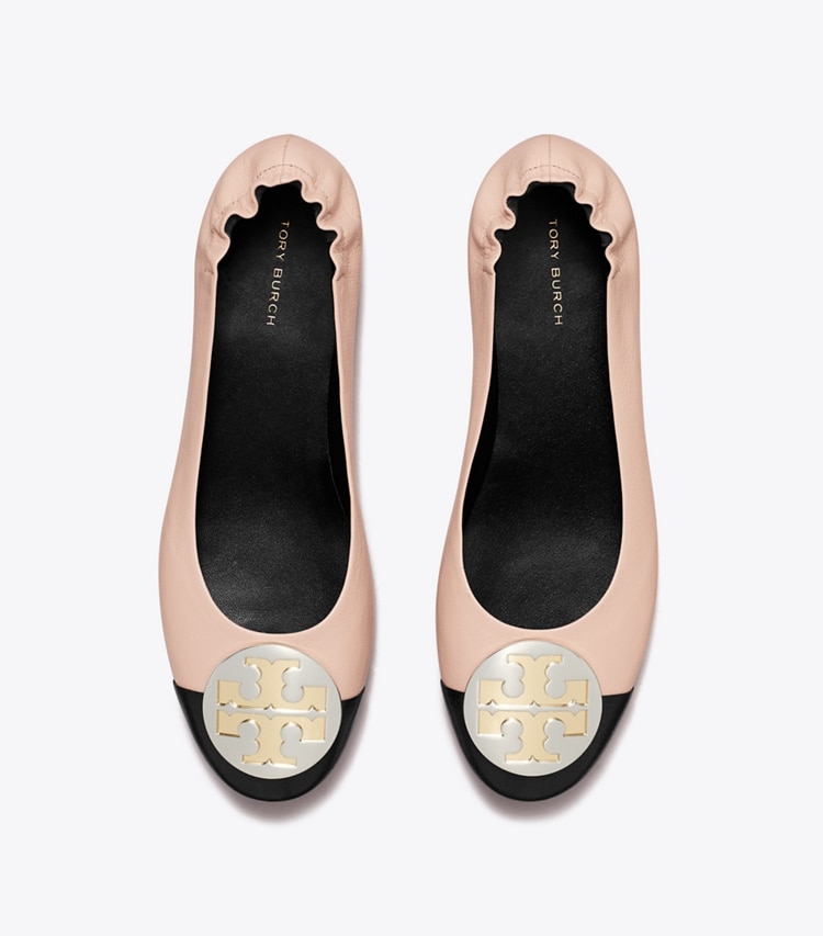Tory Burch designer flats Claire Cap-Toe Ballet in ROSE SILK / PERFECT BLACK overhead