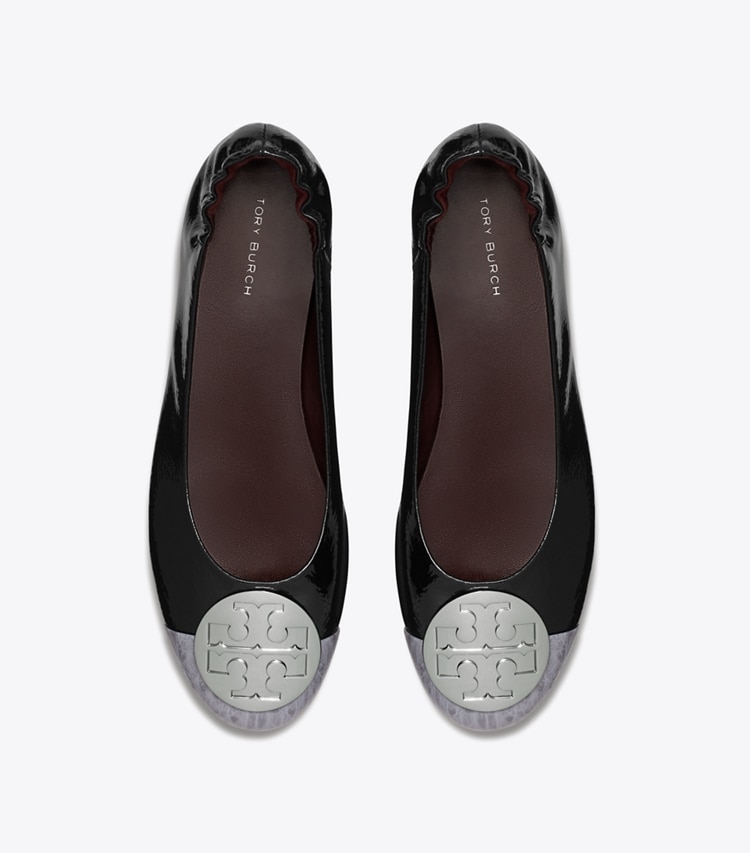 Tory Burch designer flats Claire Cap-Toe Ballet in MIDNIGHT MOON / HAZY GRAY / SILVER overhead