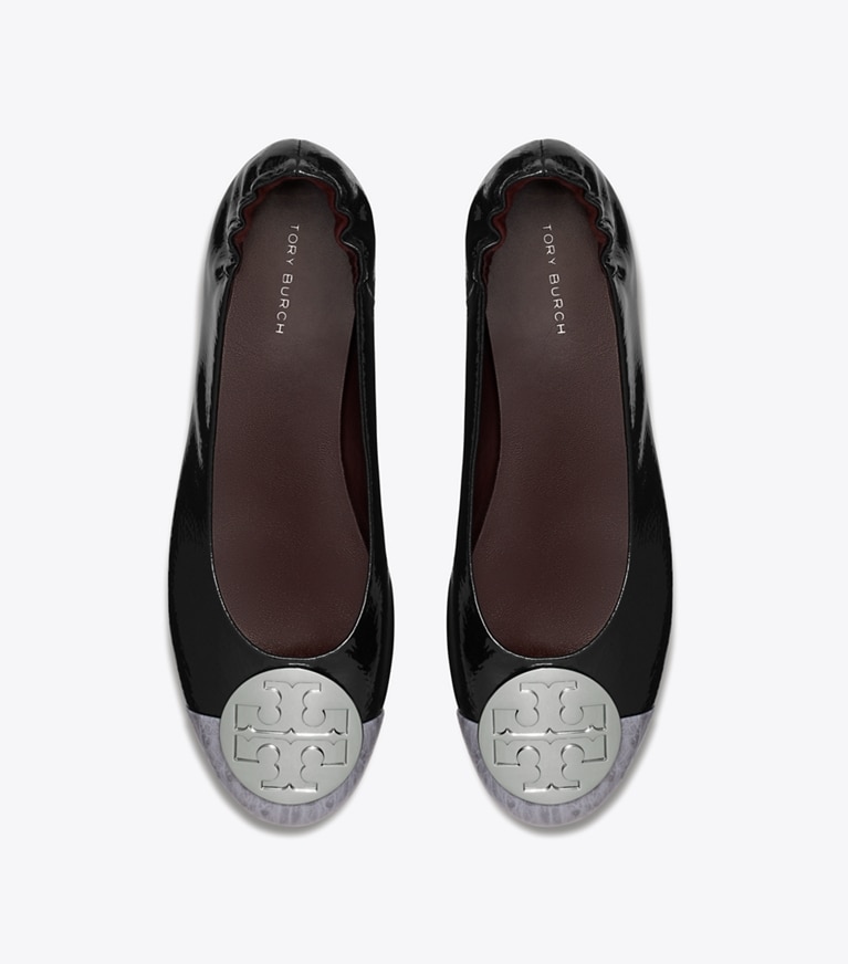 Tory Burch designer flats Claire Cap-Toe Ballet in MIDNIGHT MOON / HAZY GRAY / SILVER overhead