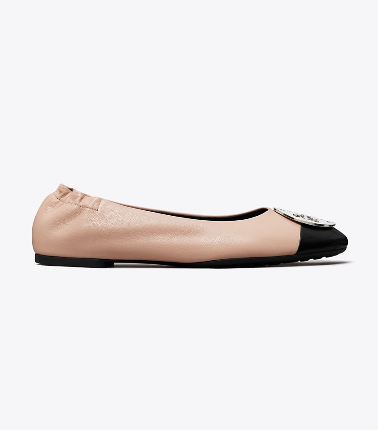 Tory Burch designer flats Claire Cap-Toe Ballet in ROSE SILK / PERFECT BLACK side