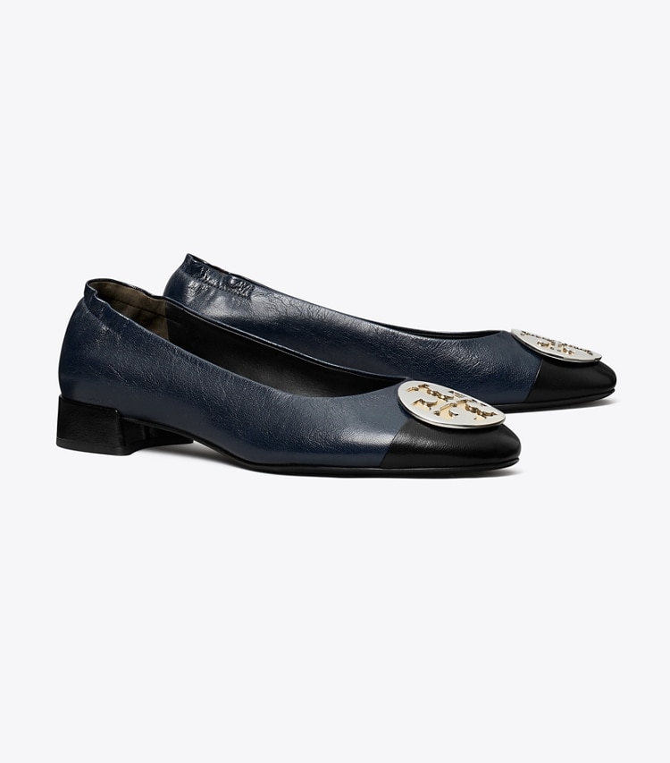 Tory Burch designer flats Claire Cap-Toe Heel, Wide in NEW NAVY / PERFECT BLACK angle