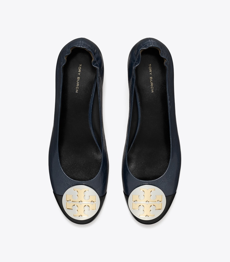 Tory Burch designer flats Claire Cap-Toe Heel, Wide in NEW NAVY / PERFECT BLACK overhead