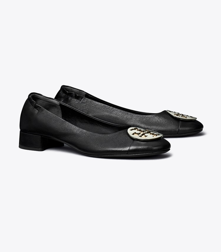 Tory Burch designer フラット クレア キャップトゥ ヒールバレエ in PERFECT BLACK / GOLD / SILVER angle