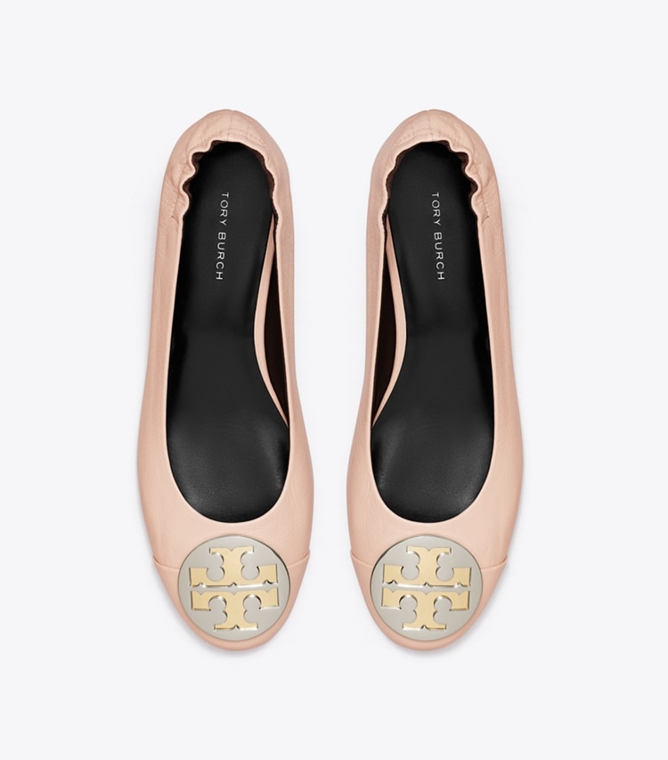 Tory Burch designer flats Claire Cap-Toe Heel Ballet in SHELL PINK / GOLD / SILVER overhead