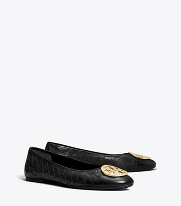 Tory Burch designer flats Claire Cap-Toe Quilted Ballet in PERFECT BLACK / GOLD / SILVER angle