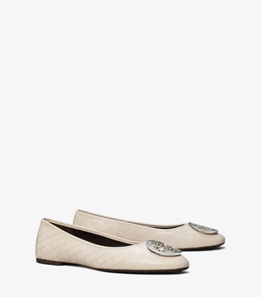 Tory Burch designer flats Claire Cap-Toe Quilted Ballet in LIGHT CREAM / SILVER / GOLD angle