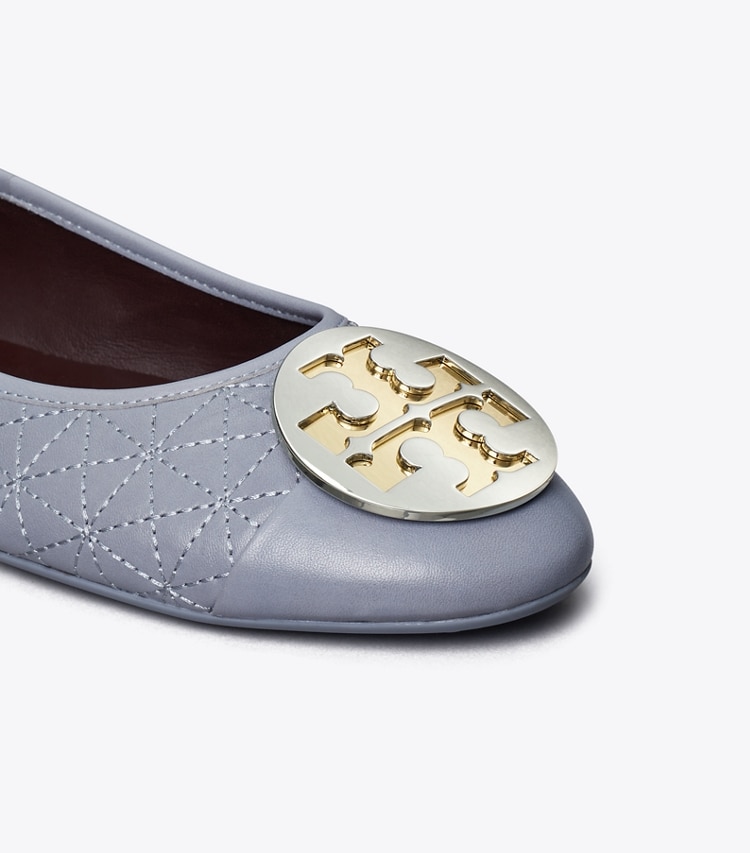 Tory Burch designer flats Claire Cap-Toe Quilted Ballet in DEW BLUE / GOLD / SILVER detail
