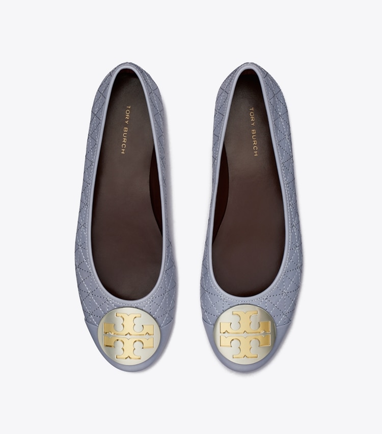 Tory Burch designer flats Claire Cap-Toe Quilted Ballet in DEW BLUE / GOLD / SILVER overhead