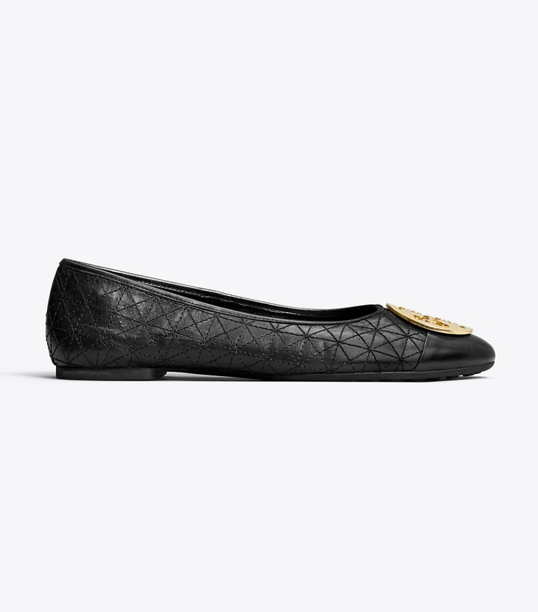 Tory Burch designer flats Claire Cap-Toe Quilted Ballet in PERFECT BLACK / GOLD / SILVER angle