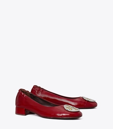 Tory Burch designer flats Claire Heel Ballet in CRIMSON RED / GOLD / SILVER angle