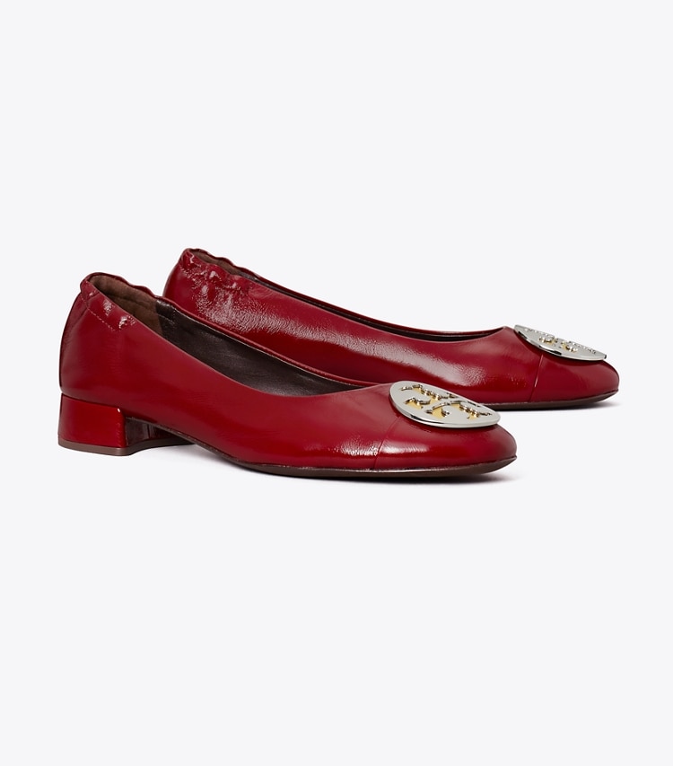 Tory Burch designer flats CLAIRE HEEL BALLET in CRIMSON RED / GOLD / SILVER angle