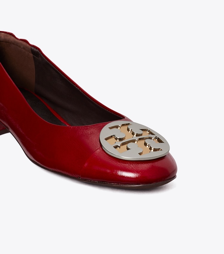 Tory Burch designer flats CLAIRE HEEL BALLET in CRIMSON RED / GOLD / SILVER detail