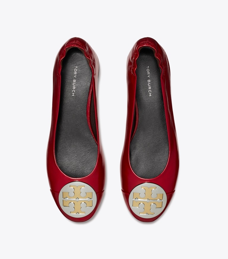Tory Burch designer flats CLAIRE HEEL BALLET in CRIMSON RED / GOLD / SILVER angle
