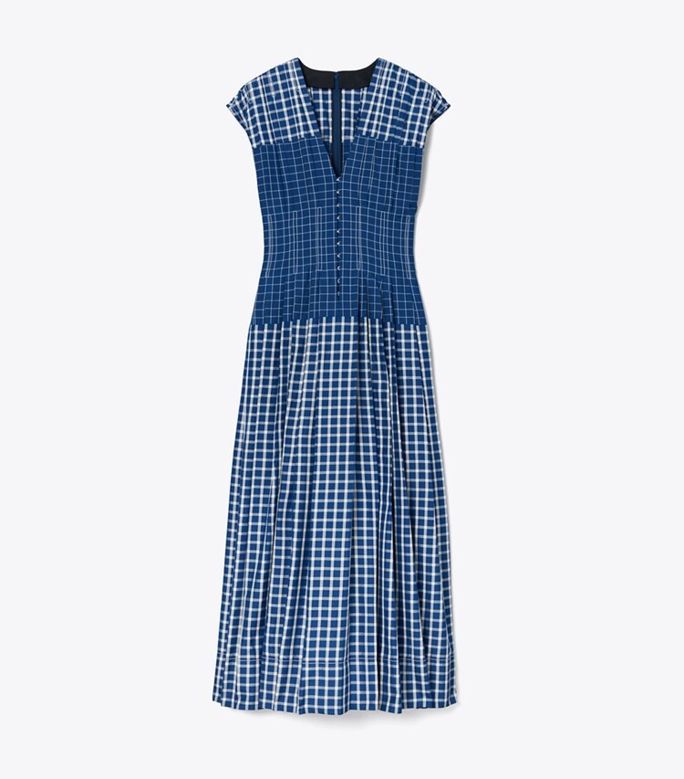 Tory Burch designer kleider Claire McCardell Seidenkleid mit Karomuster im Stil der Picknickdecken  in Blue / White front