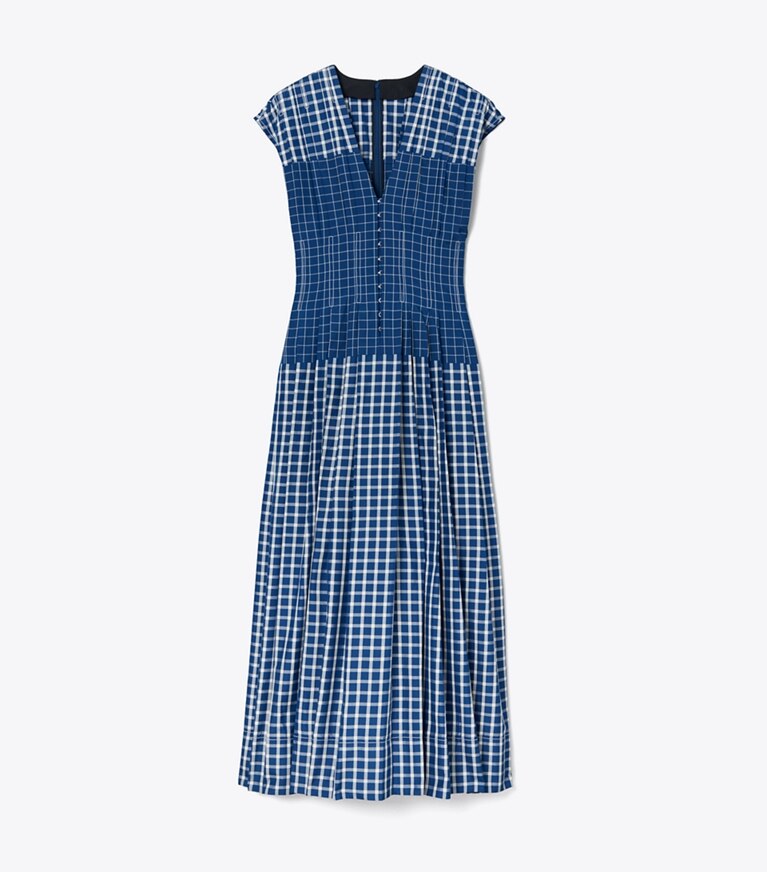 Tory Burch designer kleider Claire McCardell Seidenkleid mit Karomuster im Stil der Picknickdecken  in Blue / White front