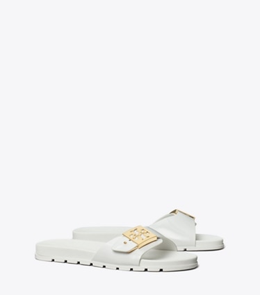Tory Burch designer sandales Claquettes à boucle in WHITE / GOLD angle
