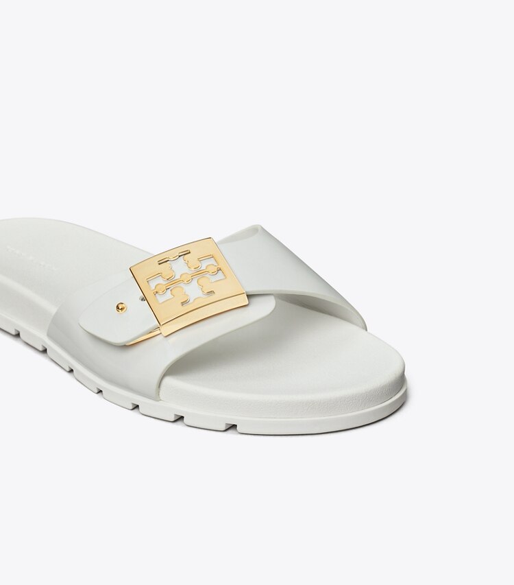 Tory Burch designer sandales Claquettes à boucle in WHITE / GOLD informations