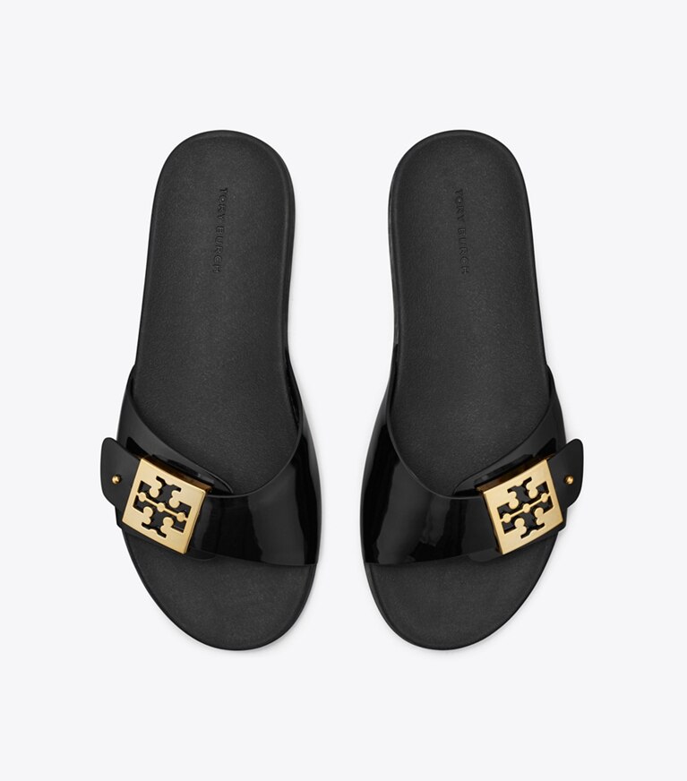 Tory Burch designer sandales Claquettes à boucle in PERFECT BLACK / GOLD / PERFECT BLACK angle
