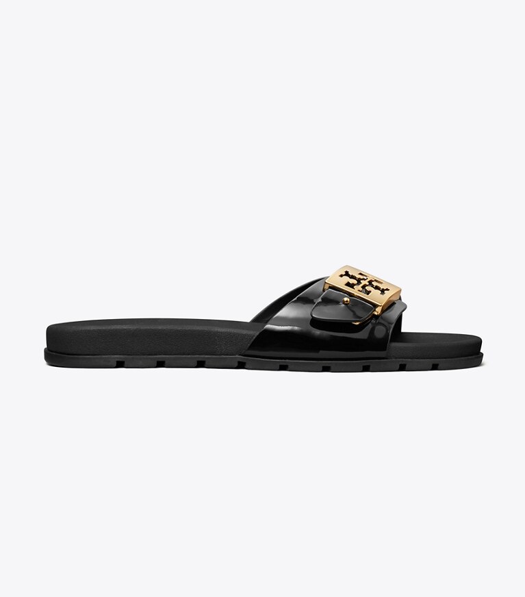 Tory Burch designer sandales Claquettes à boucle in PERFECT BLACK / GOLD / PERFECT BLACK angle