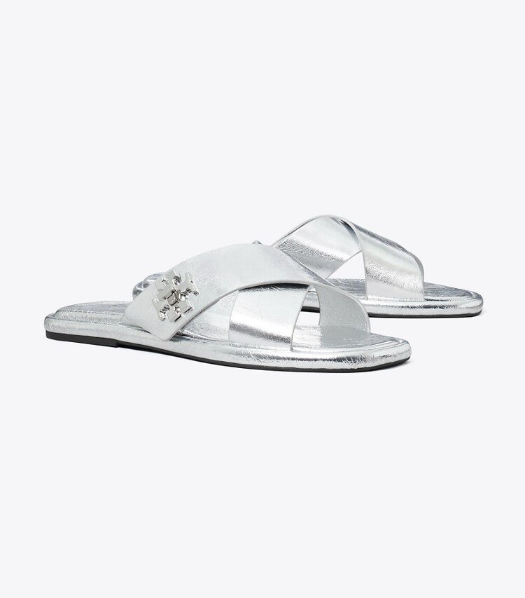 Tory Burch designer sandales Claquettes à brides croisées avec fermoir dans SHINY SILVER angle