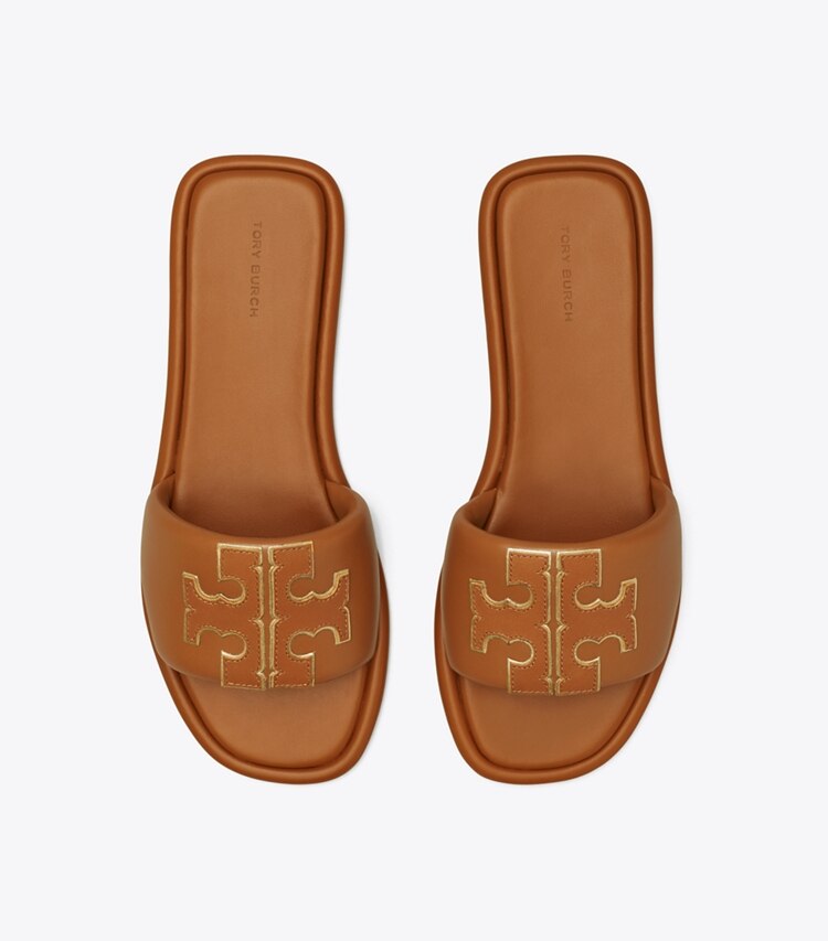 Tory Burch designer sandales Claquettes à double T in BOURBON MIELE / GOLD dessus