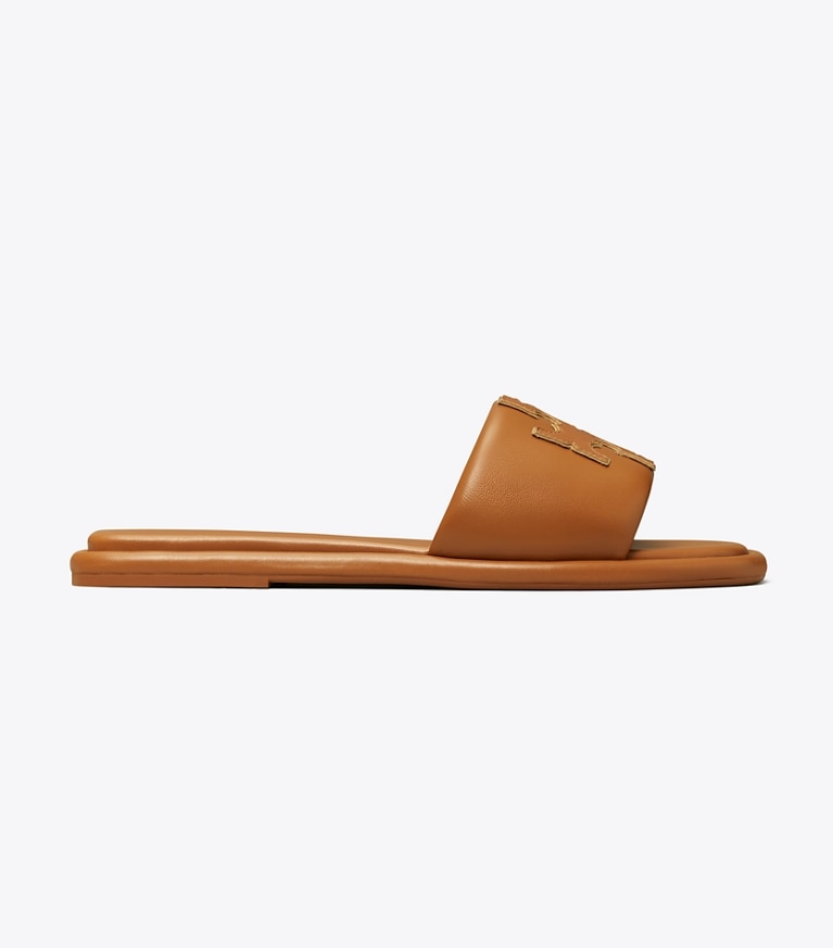 Tory Burch designer sandales Claquettes Double T, Large dans Bourbon Miele / GOLD de côté