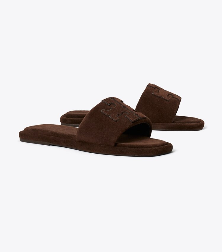 Tory Burch designer sandales Claquettes Double T dans DARK COCOA angle