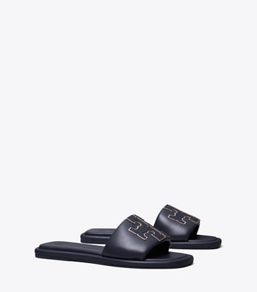 Tory Burch designer sandales Claquettes Double T dans PERFECT NAVY / GOLD angle