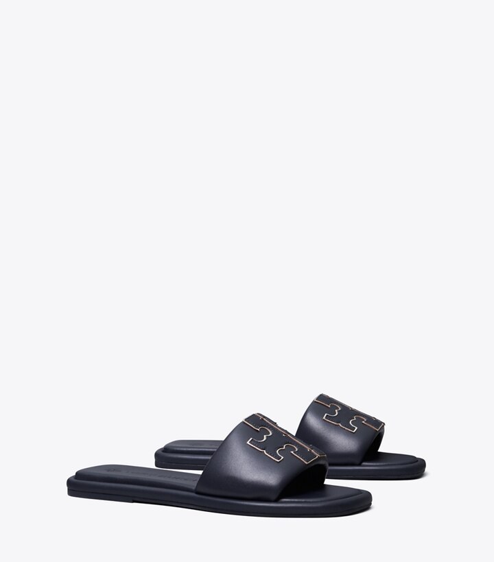 Tory Burch designer sandales Claquettes Double T dans PERFECT NAVY / GOLD angle